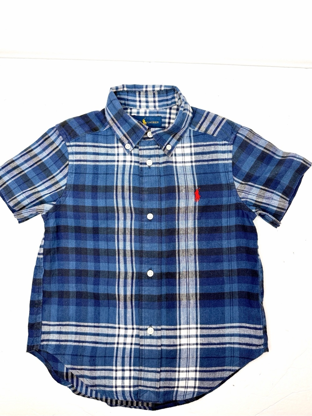 Polo Ralph Lauren Shirt Blue Plaid Linen Cotton Button Down Short Sleeve 3T